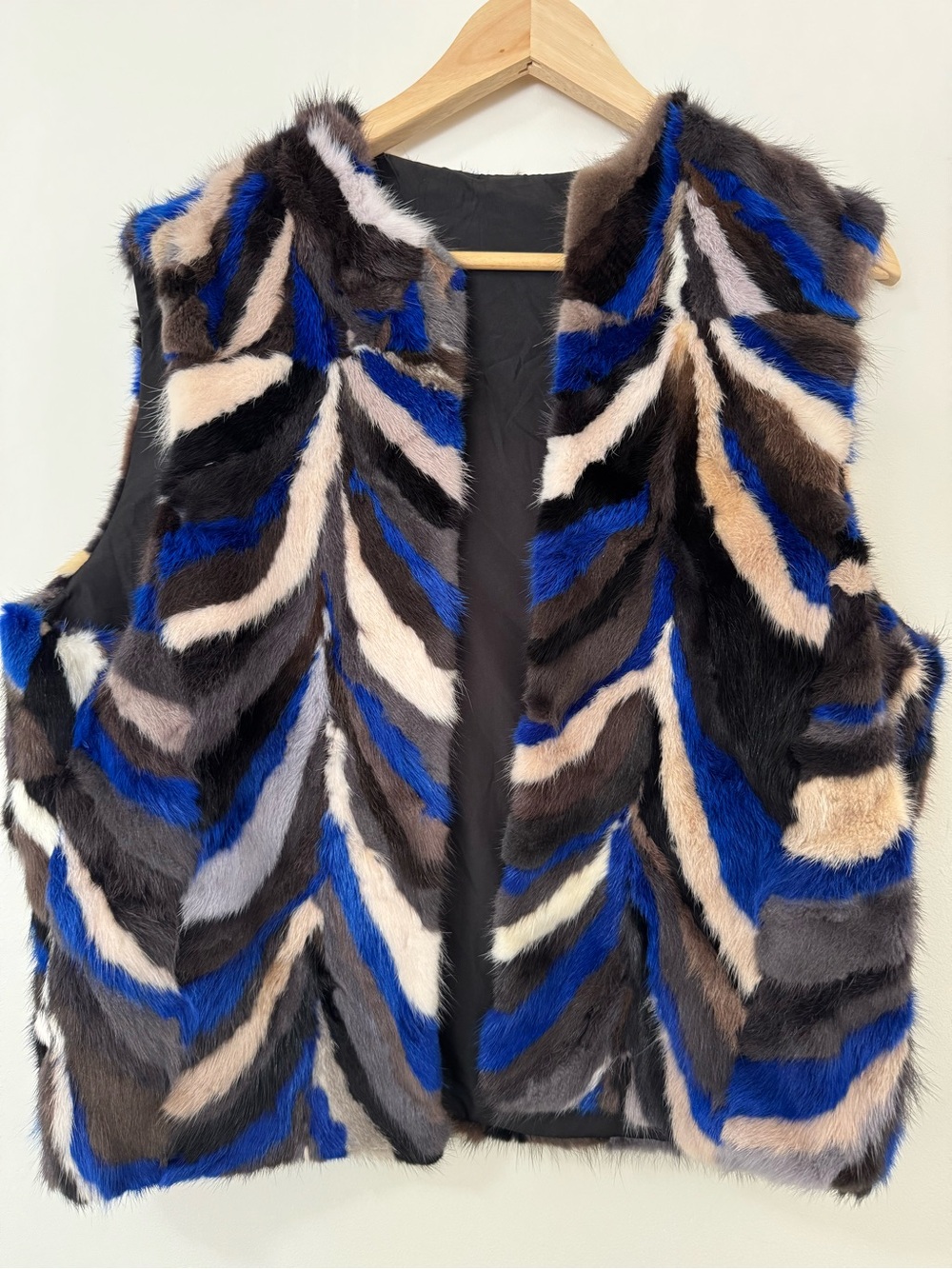 Patchwork Fur Vest Blue Brown Beige Black Statement M L